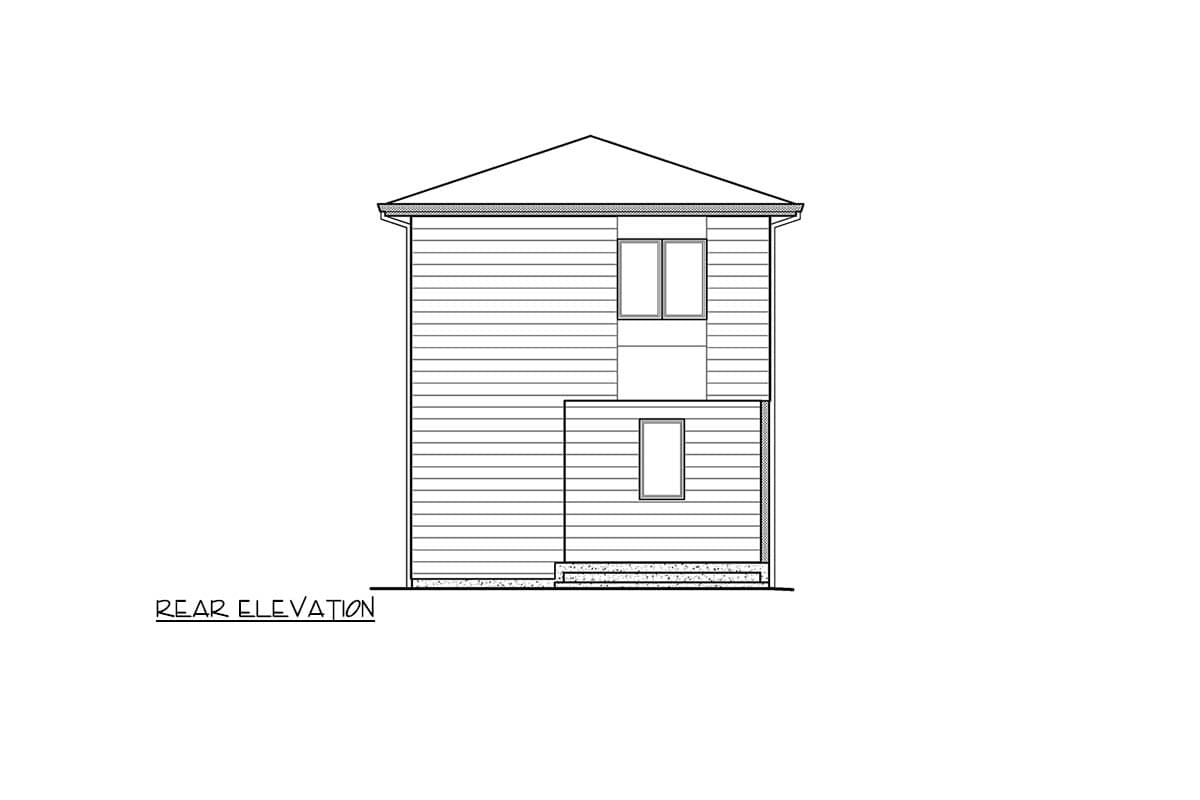 Rear elevation drawing of a two-story house plan with horizontal siding, a gable roof, and two windows on the upper level.