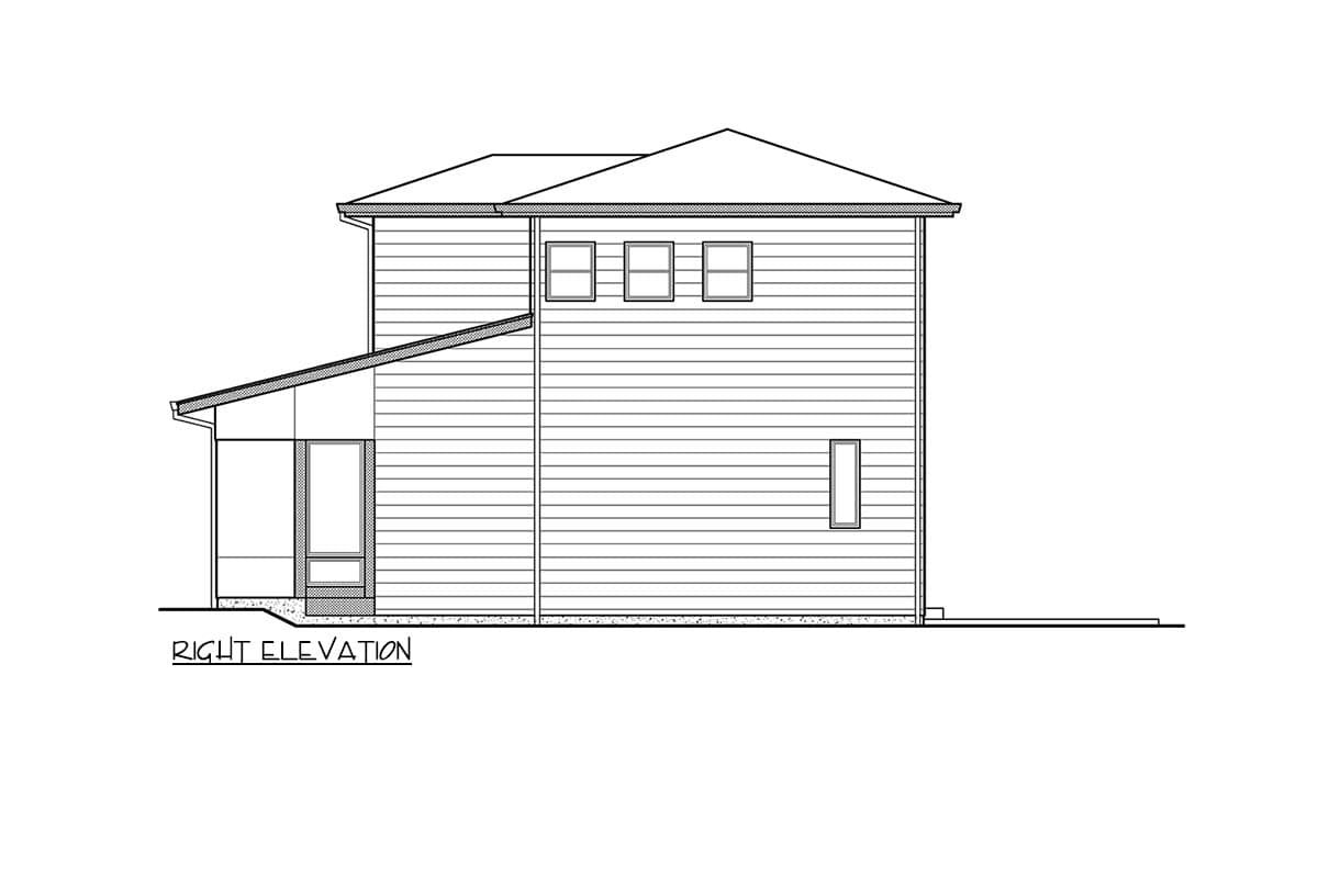 Right elevation house plan for a two-story home with a shed roof over the entry and multiple windows.