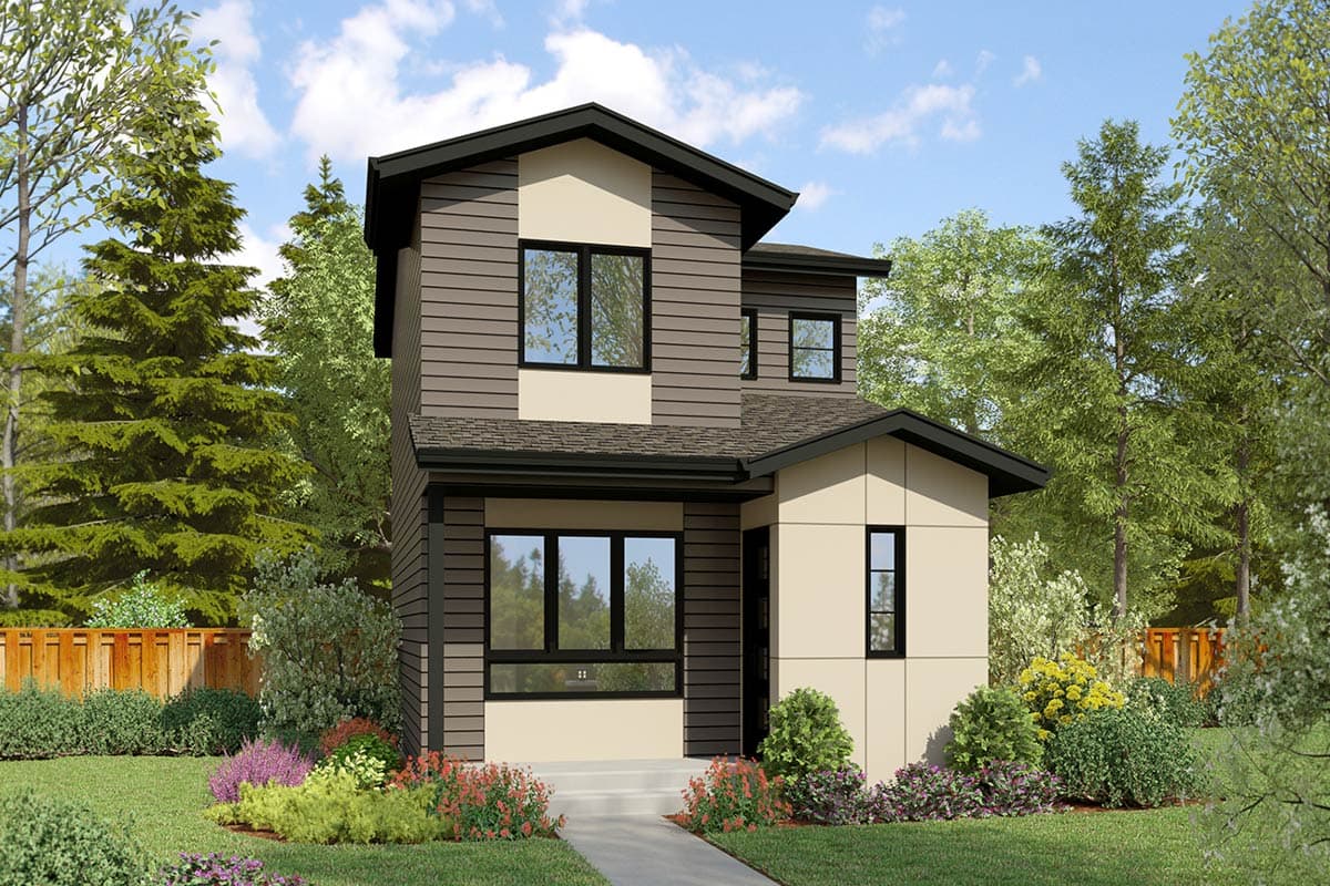 Modern house plan exterior with two stories, contrasting siding, gables, and multiple rooflines.