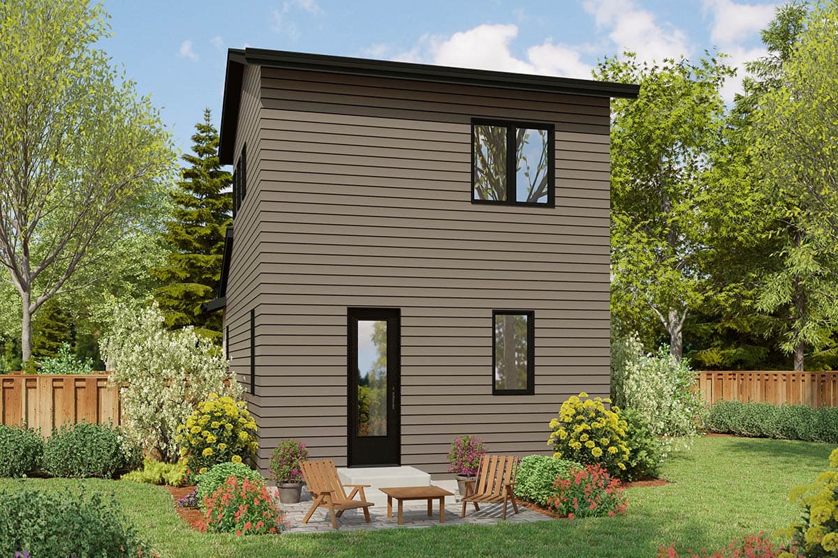 Modern house plan exterior: two stories, horizontal siding, flat roof, glass-paneled door, and two windows.