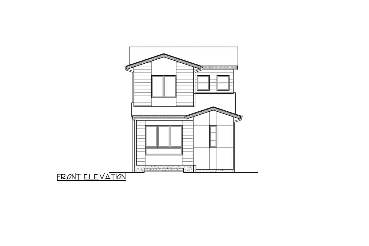 Front elevation drawing of a two-story house with a gabled roof, varied siding, and multiple windows.