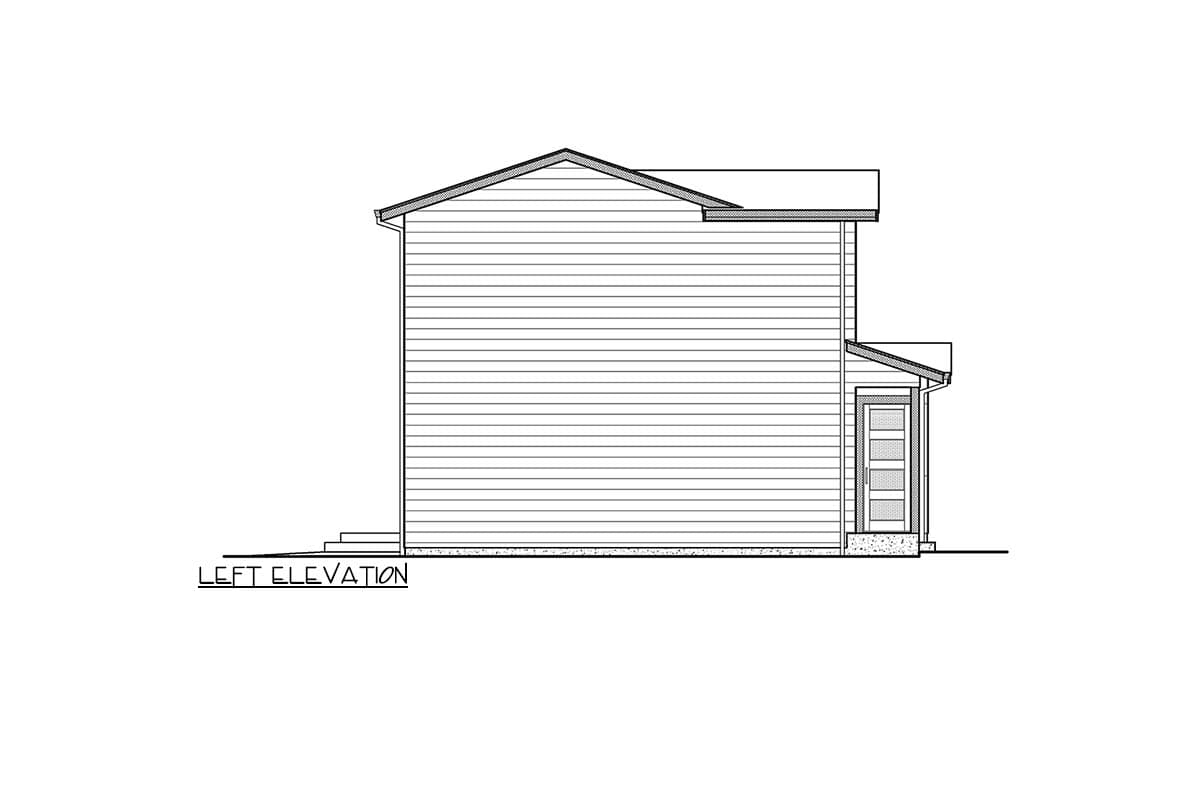 Left elevation drawing of a two-story house plan, showing siding, pitched roof, and entry porch with multi-pane door.