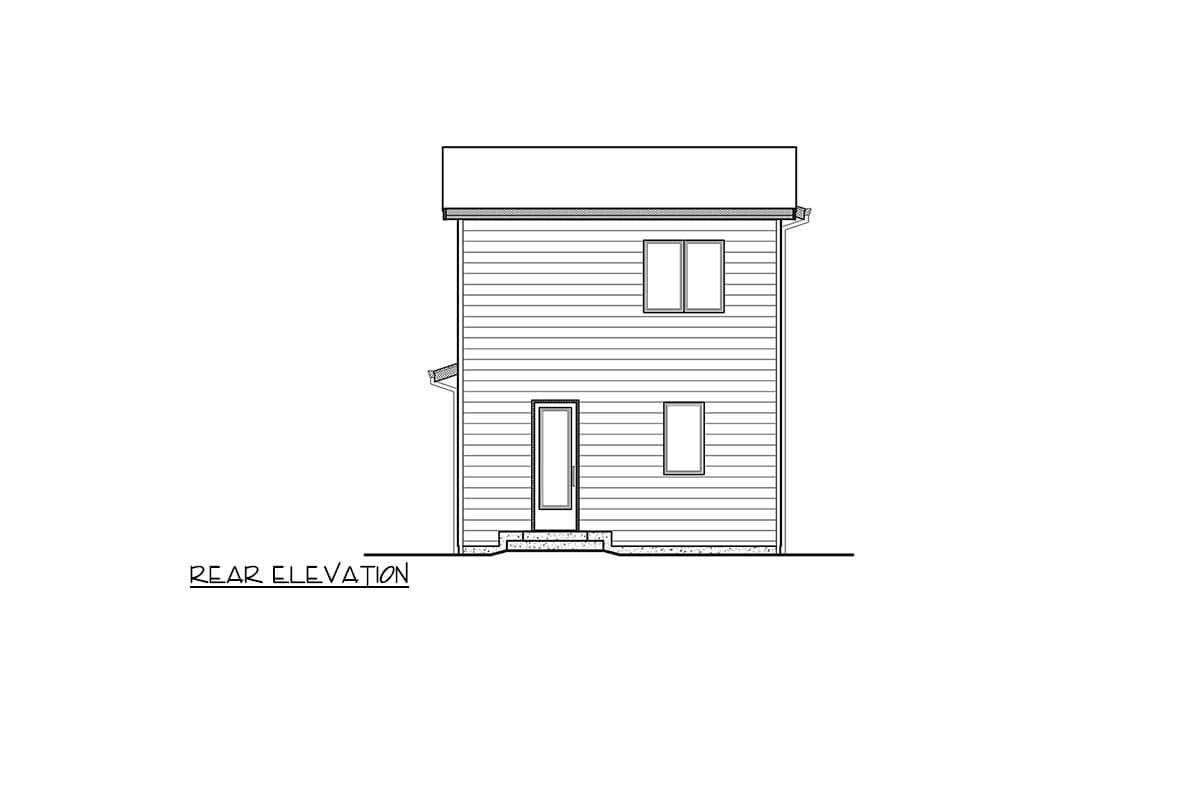Rear elevation drawing of a two-story house with horizontal siding, one door, and two windows.