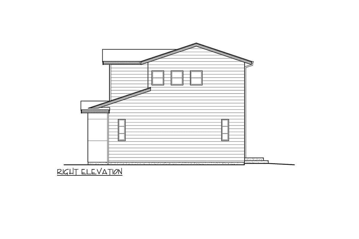 Right elevation house plan showing two stories with horizontal siding, multiple windows, and a sloped roof.