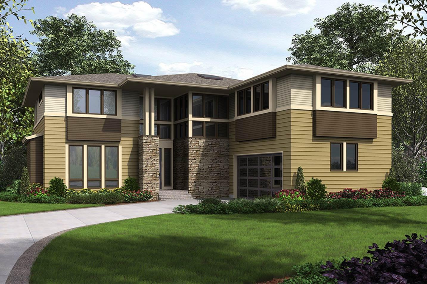 Modern house plan exterior with stacked stone accents, multiple gables, and a two-car garage.