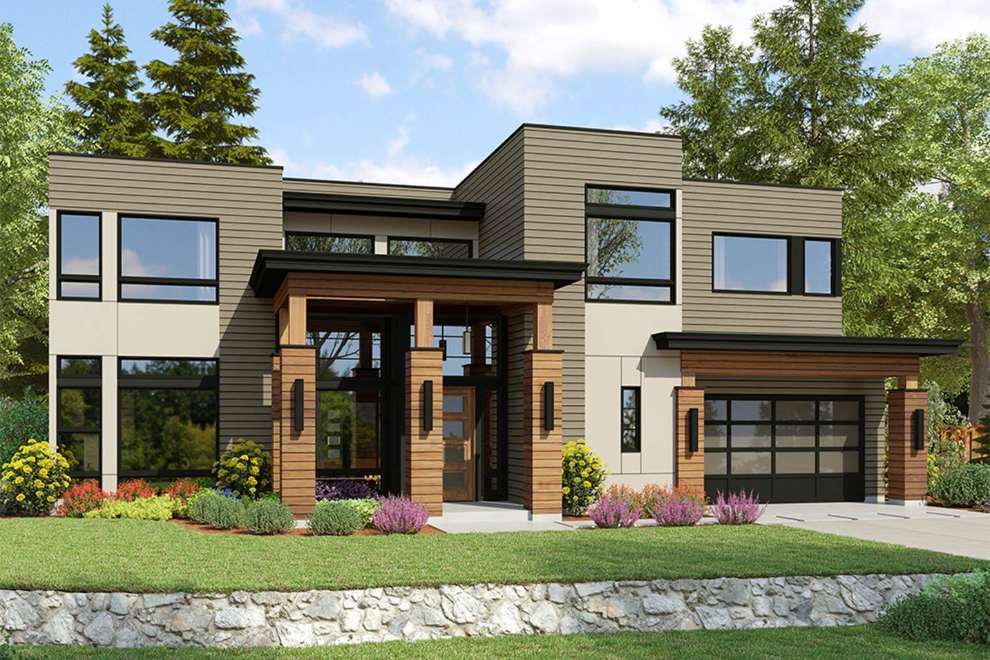 Modern two-story house plan exterior with large windows, wood siding, covered entrance, and attached garage.