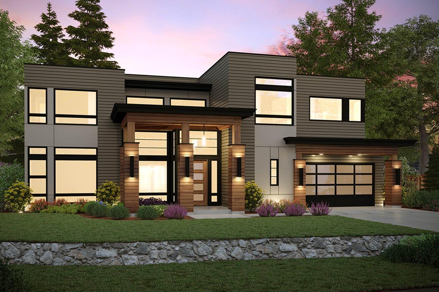 Modern two-story house plan exterior with horizontal siding, large windows, covered entry with wood columns, and attached garage.