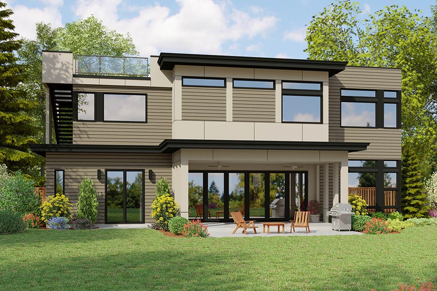 Modern two-story house plan exterior with horizontal siding, large windows, covered patio, and rooftop deck.