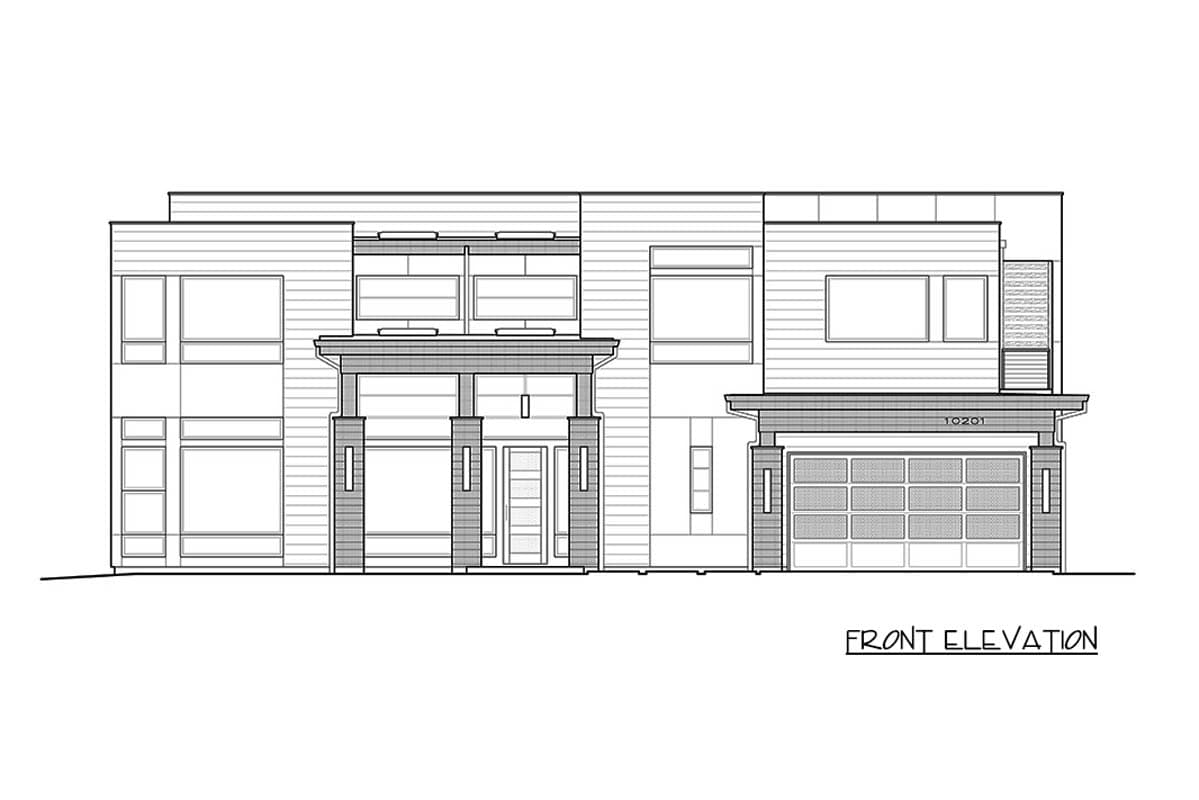 Front elevation drawing of a two-story house plan with a covered entryway, modern windows, and an attached garage.