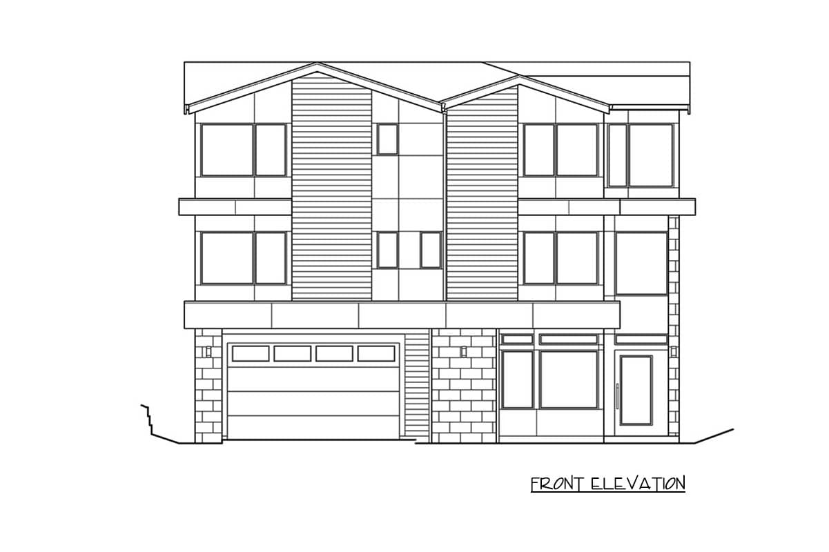 Front elevation drawing of a three-story house with a two-car garage, multiple gables, and varied siding.