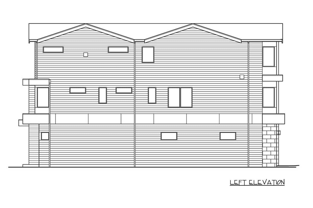 Left elevation house plan with horizontal siding, multiple window types, and a prominent gabled roofline.