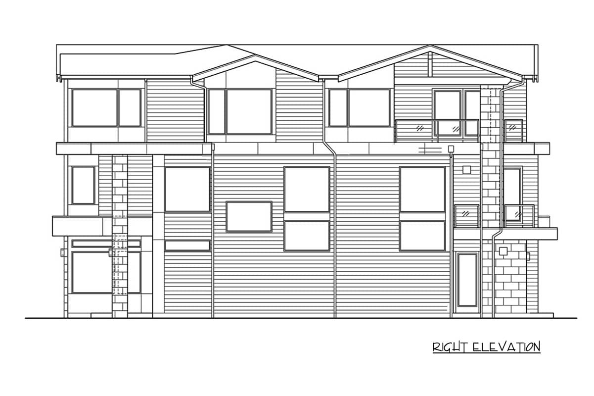 Right elevation house plan drawing of a multi-story building with horizontal siding and stone accents, featuring multiple windows and balconies.
