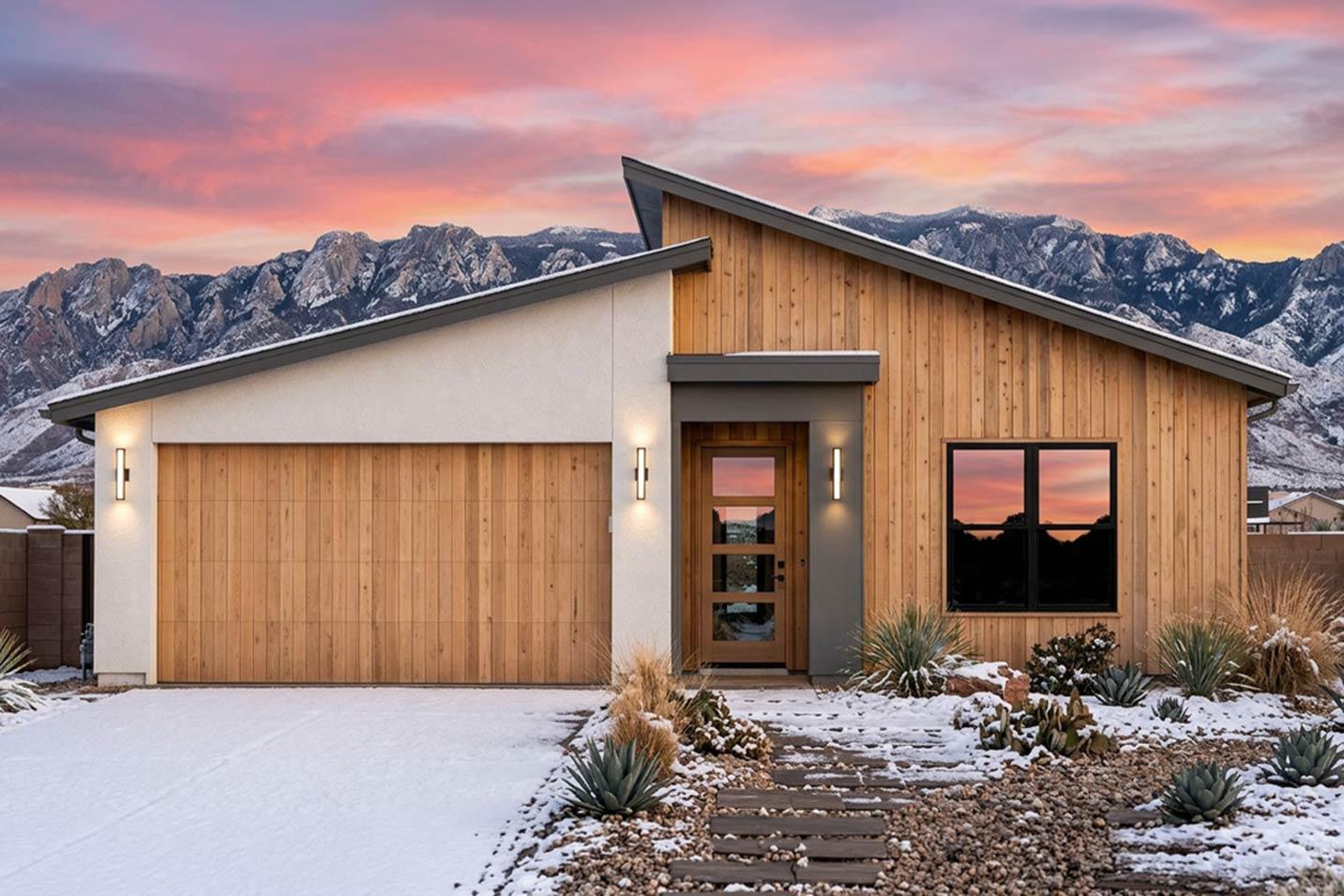 Modern house plan exterior with wood siding, asymmetrical rooflines, a wood garage door, and a glass-panel door.