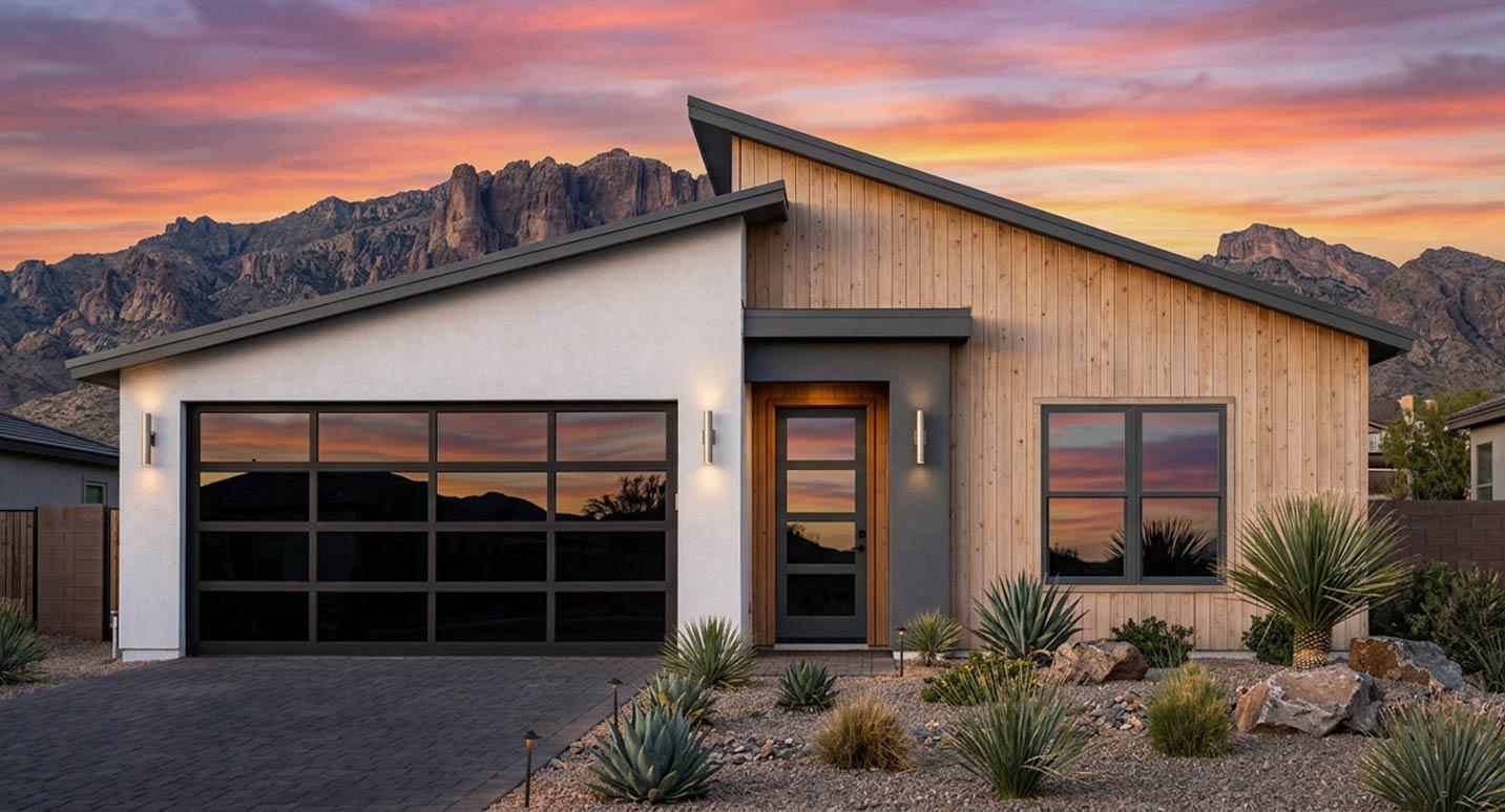 Modern house plan exterior with a two-car garage, angled rooflines, wood siding, and glass front door.