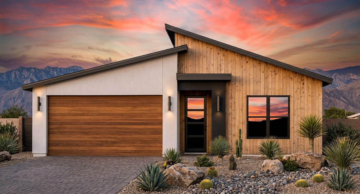 Modern house plan exterior with a single-story design, angled roofline, wood siding, and an attached garage.