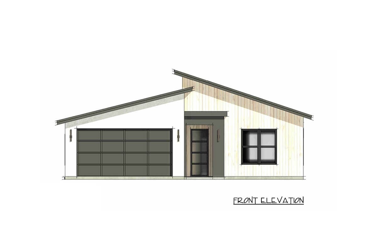 Front elevation house plan with a single-story modern design, featuring a sloped roof, attached garage, glass-paneled door, and a large window.