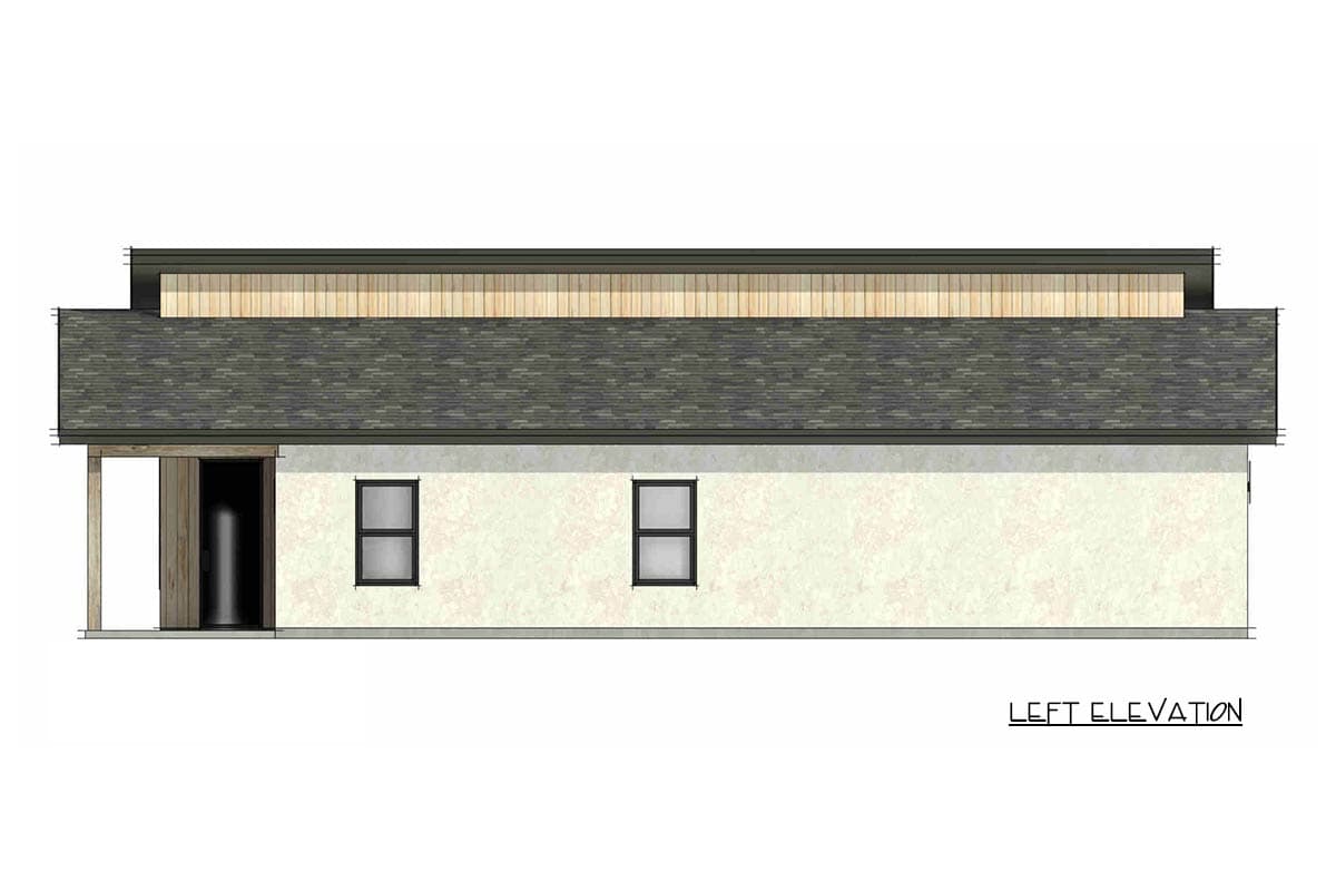 Left elevation drawing of a single-story house with stucco walls, two windows, and a covered entryway.