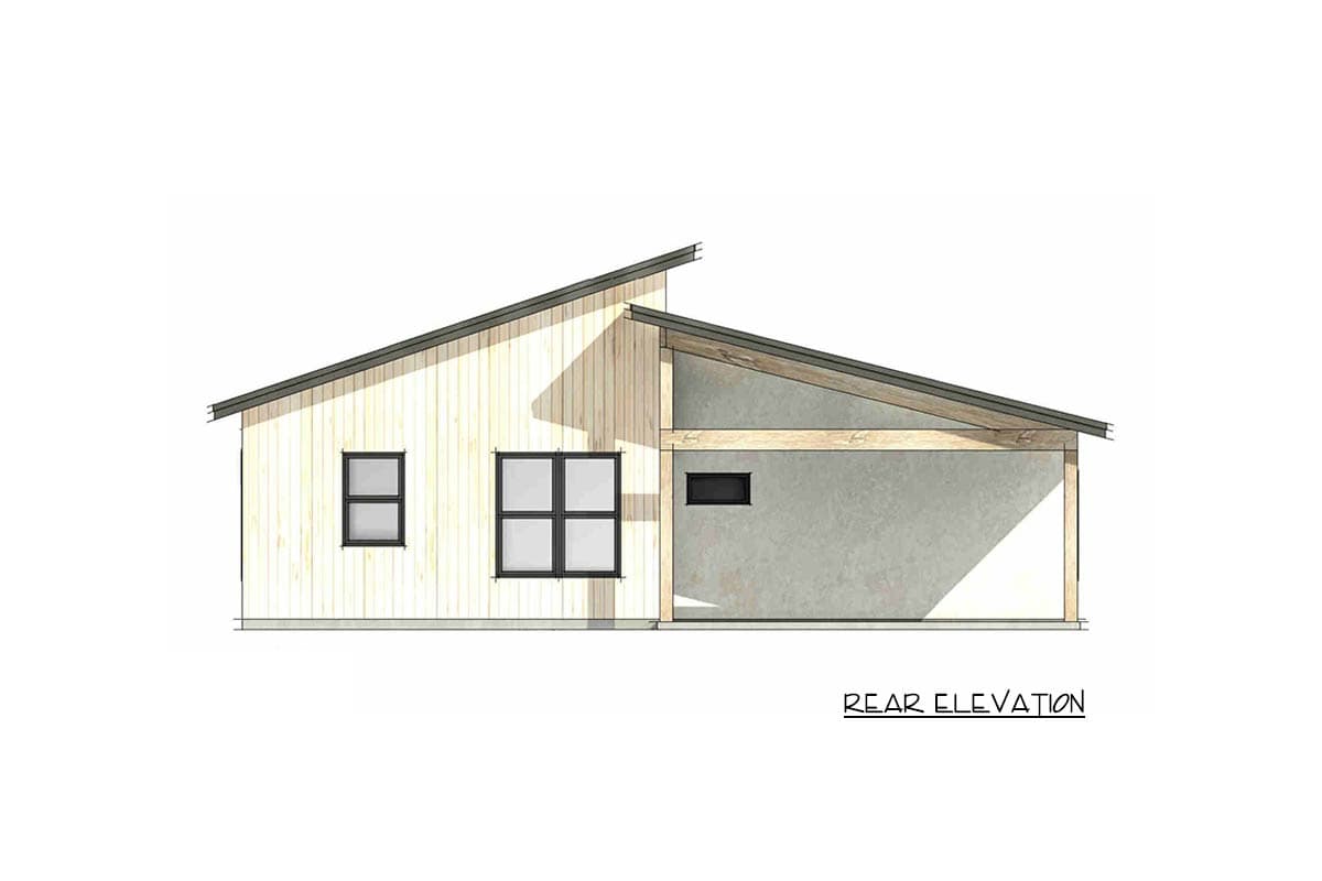 Modern house plan rear elevation with wood siding, multiple gables, and exposed beams. Two stories.