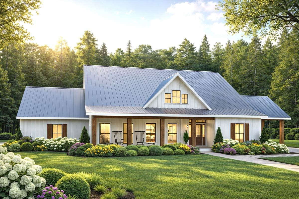 Modern Farmhouse house plan exterior, one story, with a metal roof, wide front porch, and gable dormers.