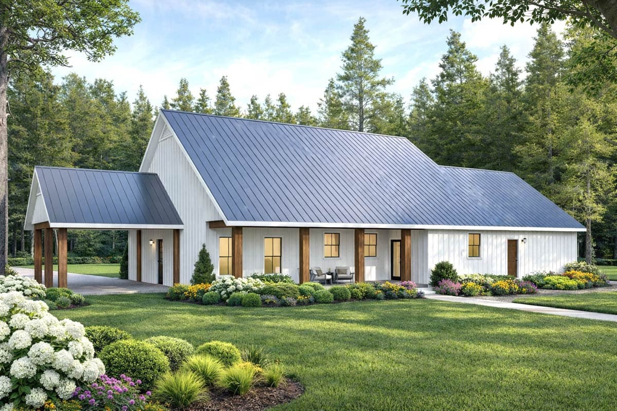House plan exterior of a modern farmhouse with a standing seam metal roof, prominent gables, and attached carport.