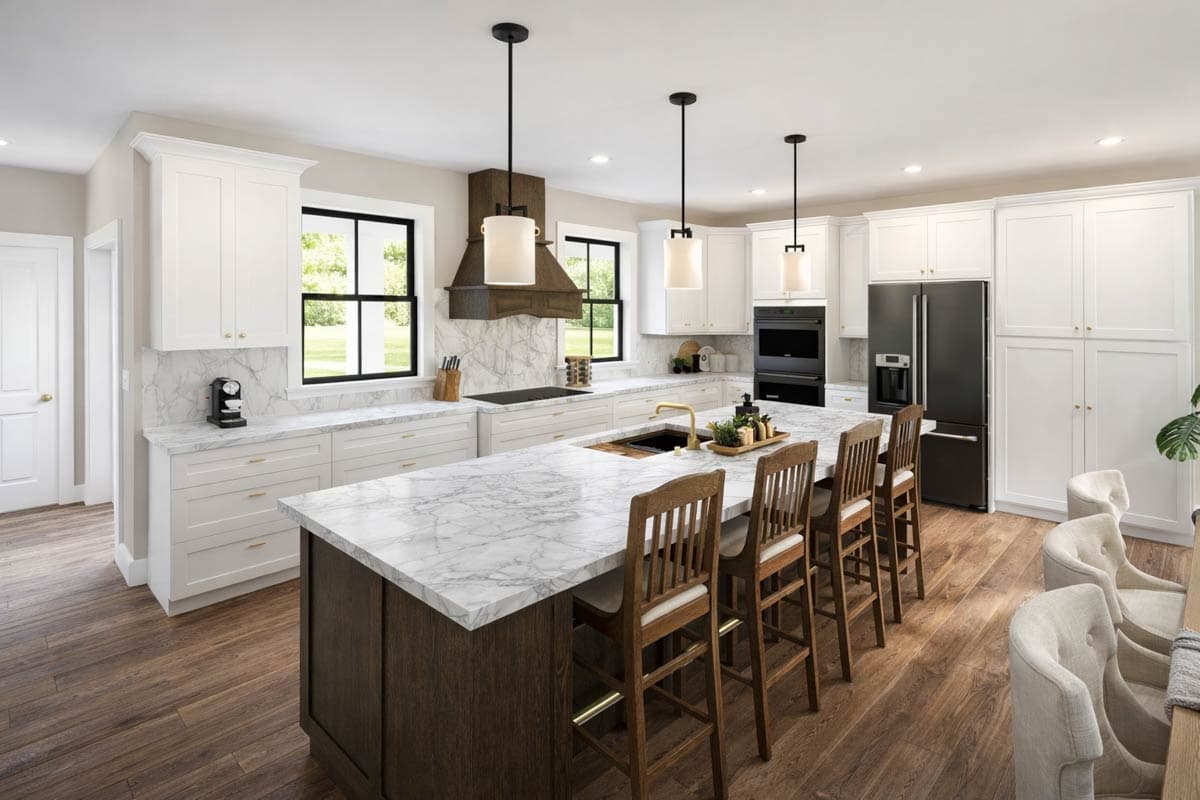 Kitchen with white cabinets, marble countertops, island with seating, dark wood range hood, and black refrigerator.