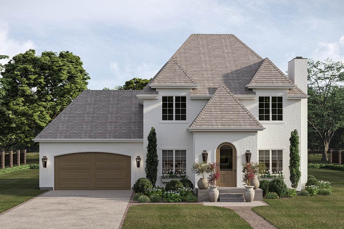 House plan exterior: two-story home with arched garage, dormers, arched entryway, and hip and gable rooflines.