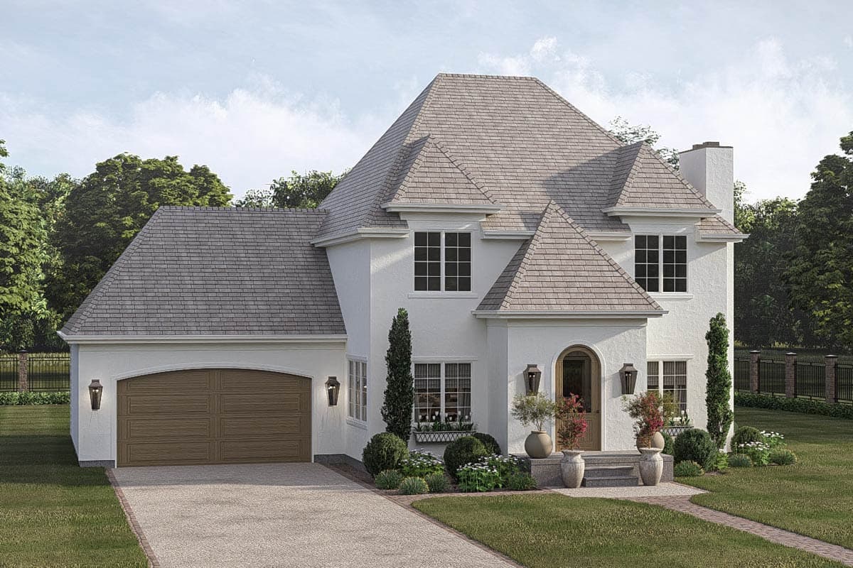 House plan exterior: Two-story home with hip roof, arched garage, multiple gables, and formal entry.