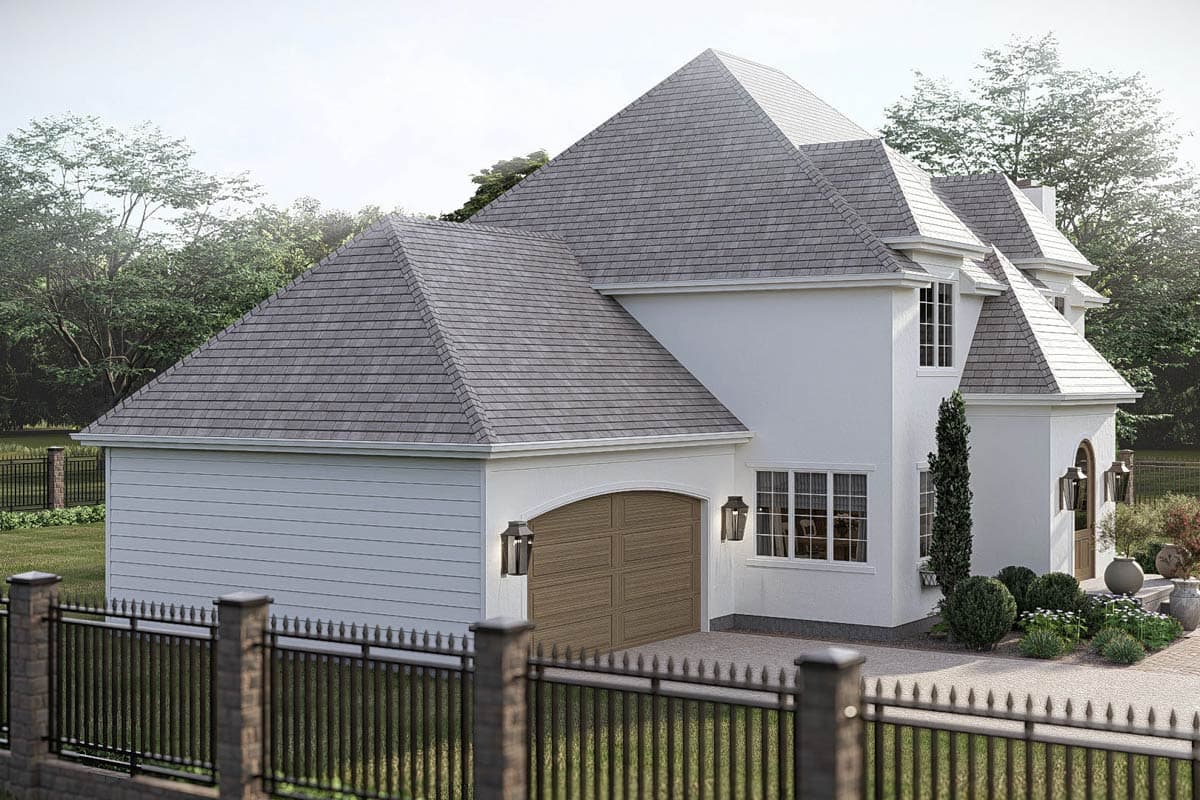 House plan exterior: Two-story French Provincial style with stucco facade, multi-gabled roof, and attached garage.