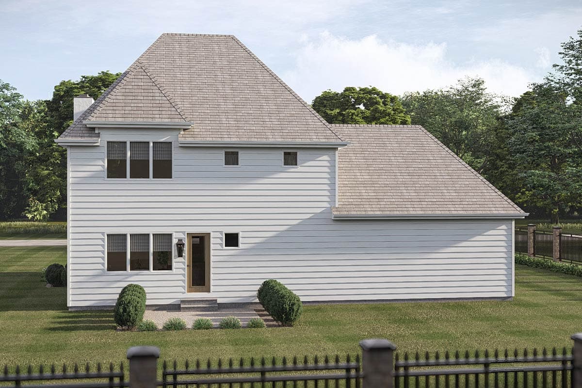 House plan exterior, two stories, white horizontal siding, gable roof, chimney, and covered entryway.