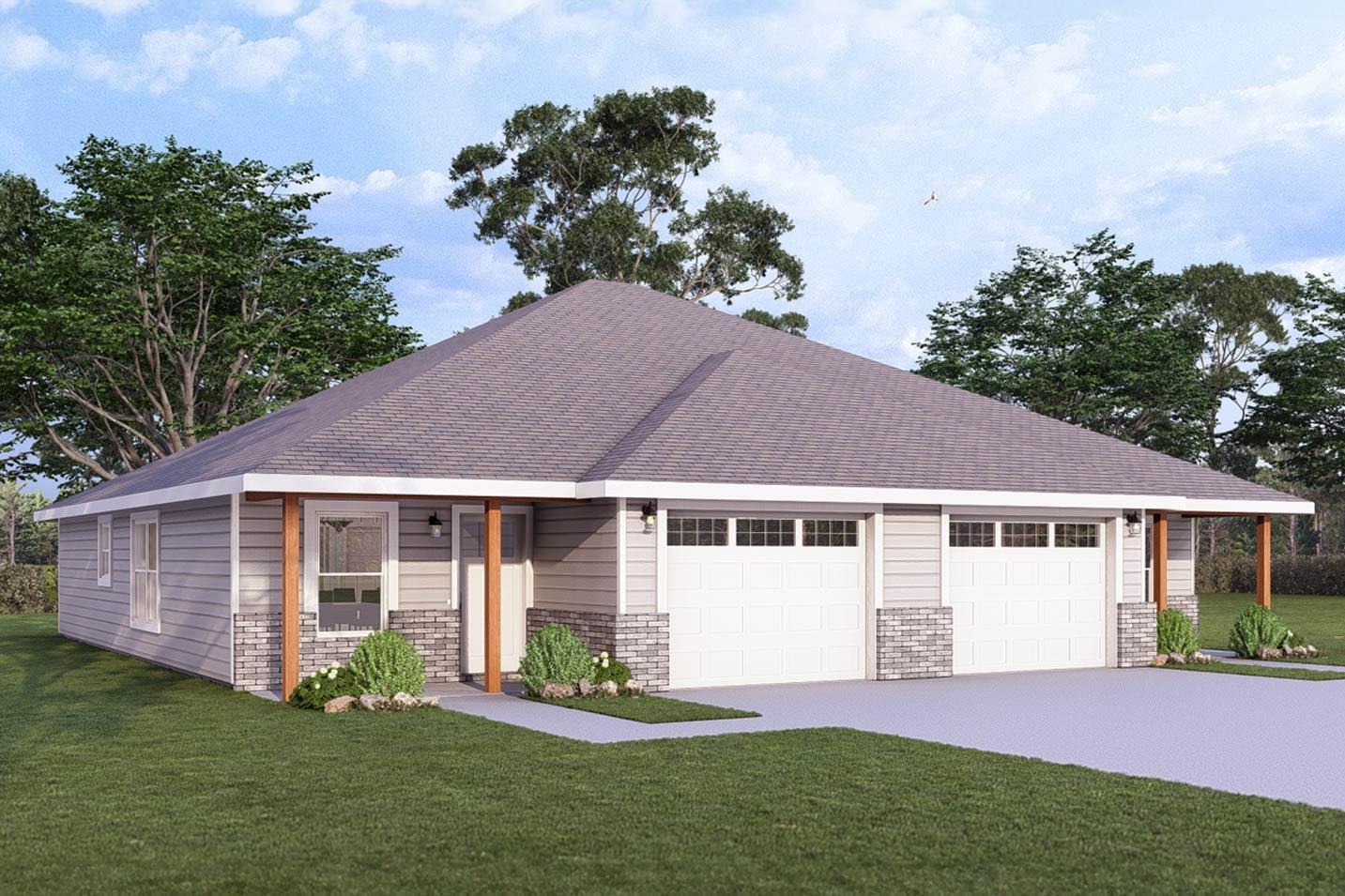 House plan exterior: Ranch style, one story, with a three-car garage, covered entry, and asphalt shingle roof.