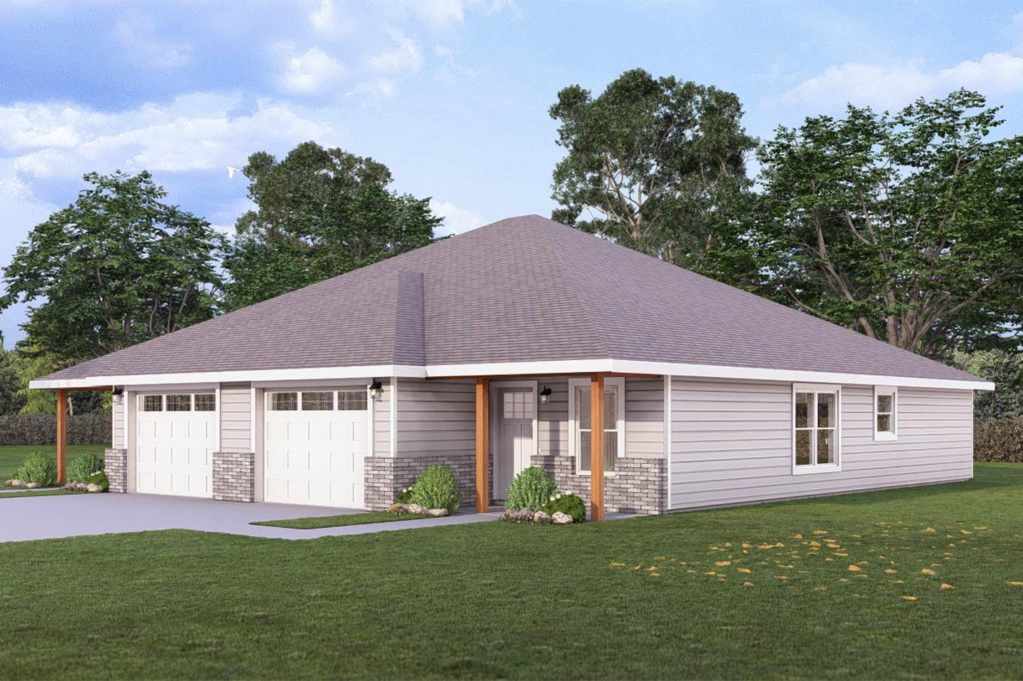House plan exterior of a single-story home with a prominent hipped roof, two-car garage, and covered entry porch with wood posts.
