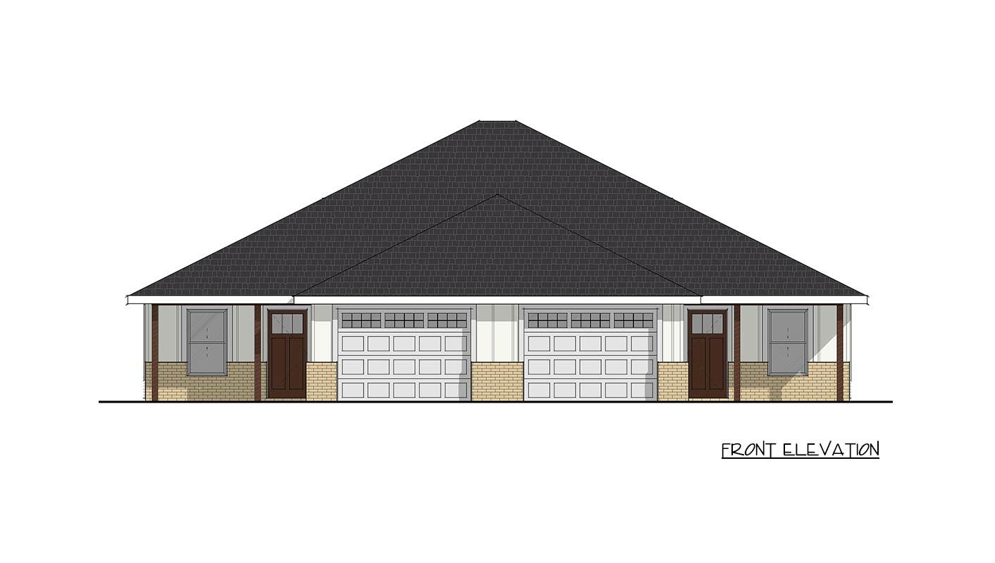 Front elevation drawing of a single-story house plan with two garages, two front doors, and a prominent hip roof.