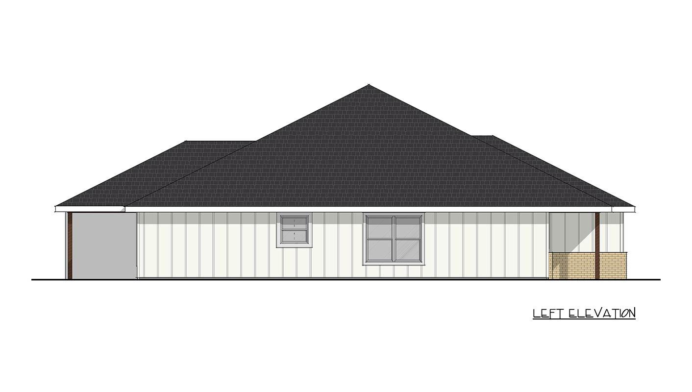 Left elevation drawing of a single-story house plan with vertical siding, dark shingle roof, two windows, and an attached garage.