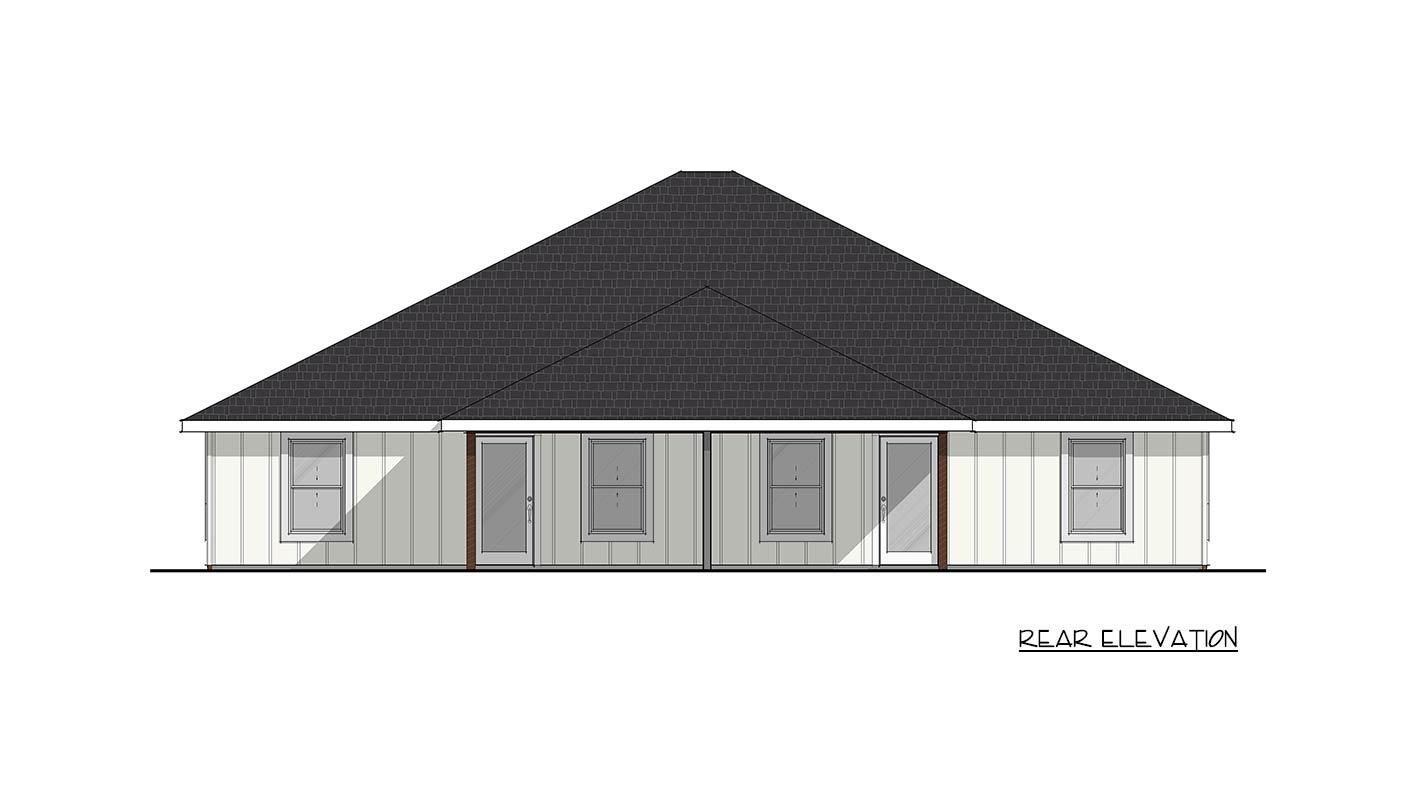 Rear elevation house plan drawing with white siding, large gable roof, four windows, and two doors.