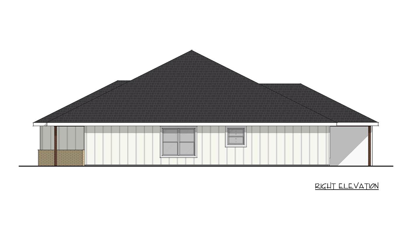 Right elevation drawing of a single-story house with a gabled roof, board-and-batten siding, and attached garage.