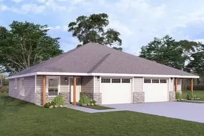 Country Ranch Duplex House Plan with Two 2-Bedroom Units