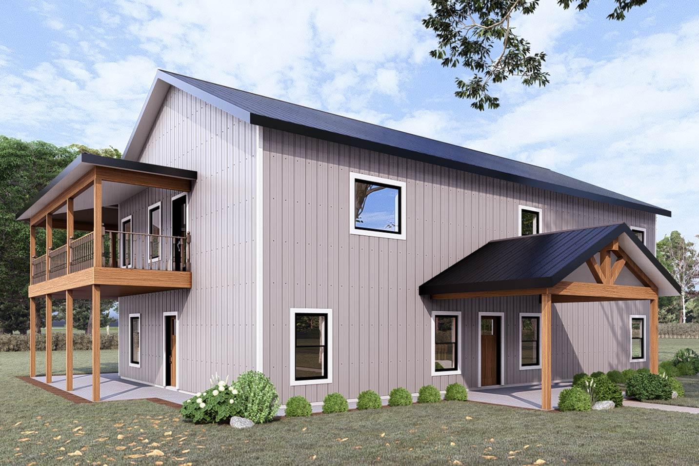 House plan exterior featuring a two-story design with a second-story balcony, exposed wood beams on the front gable entry, and vertical siding.