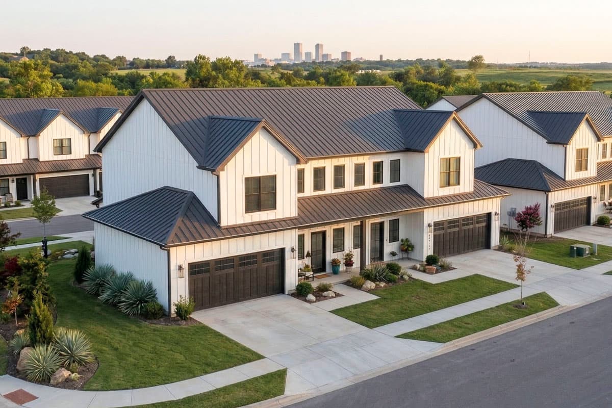 Modern Farmhouse house plan exterior, two stories, white board-and-batten siding, dark metal gable roofs, multiple garages.