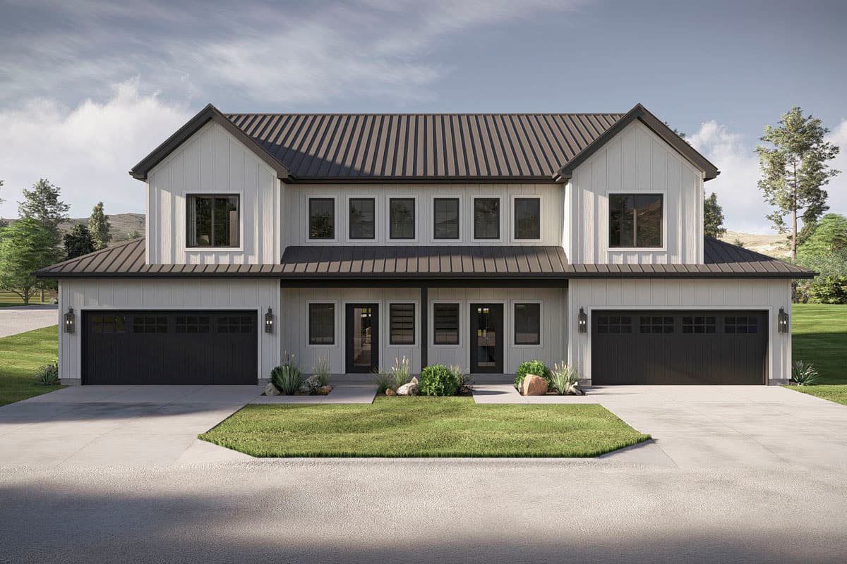 Modern Farmhouse duplex house plan exterior with metal roof, board and batten siding, and two garages.