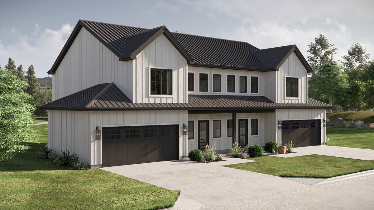Modern Farmhouse style house plan exterior with vertical siding, gabled rooflines, and a two-car garage.