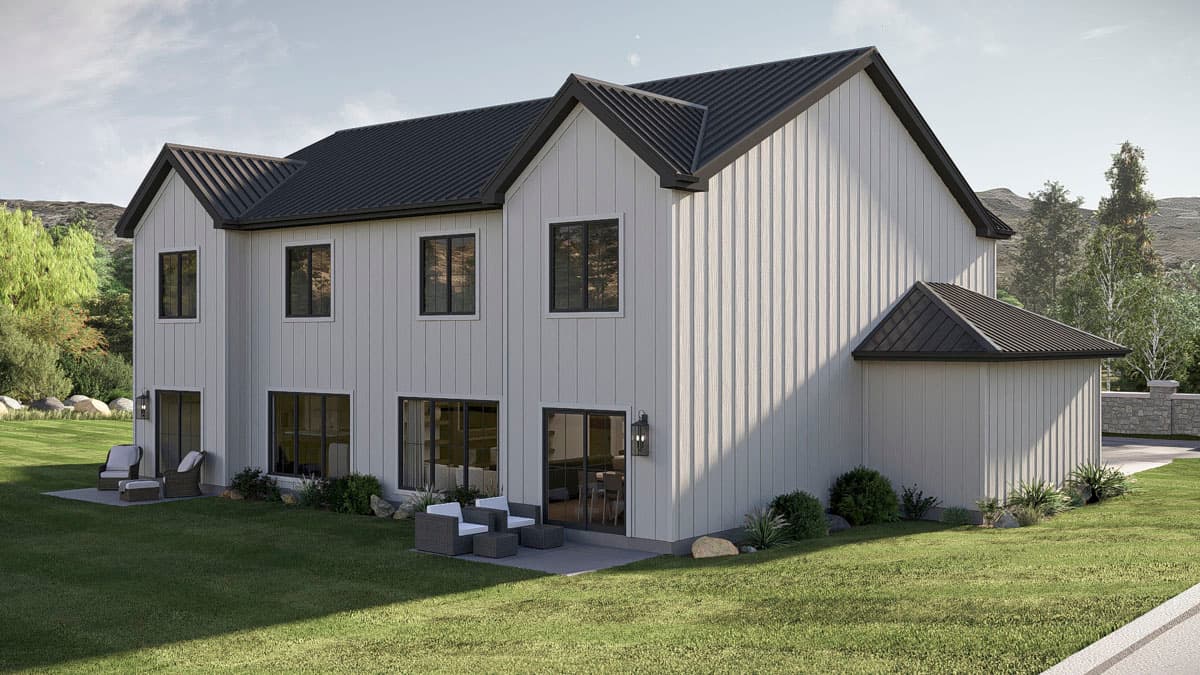 House plan exterior: Two-story Modern Farmhouse with vertical siding, dark metal gable roofs, and multiple large windows.