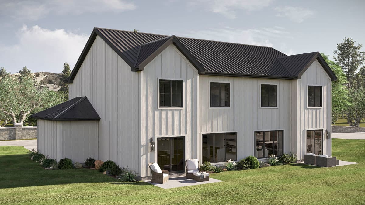 Modern Farmhouse house plan exterior, two stories, white vertical siding, black metal roof, gables, and large windows.