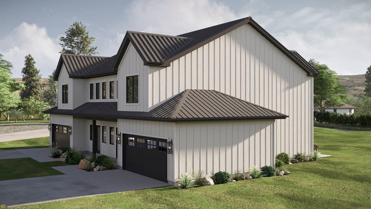 Modern Farmhouse house plan exterior, two stories, white vertical siding, dark metal gabled roof, and attached garages.
