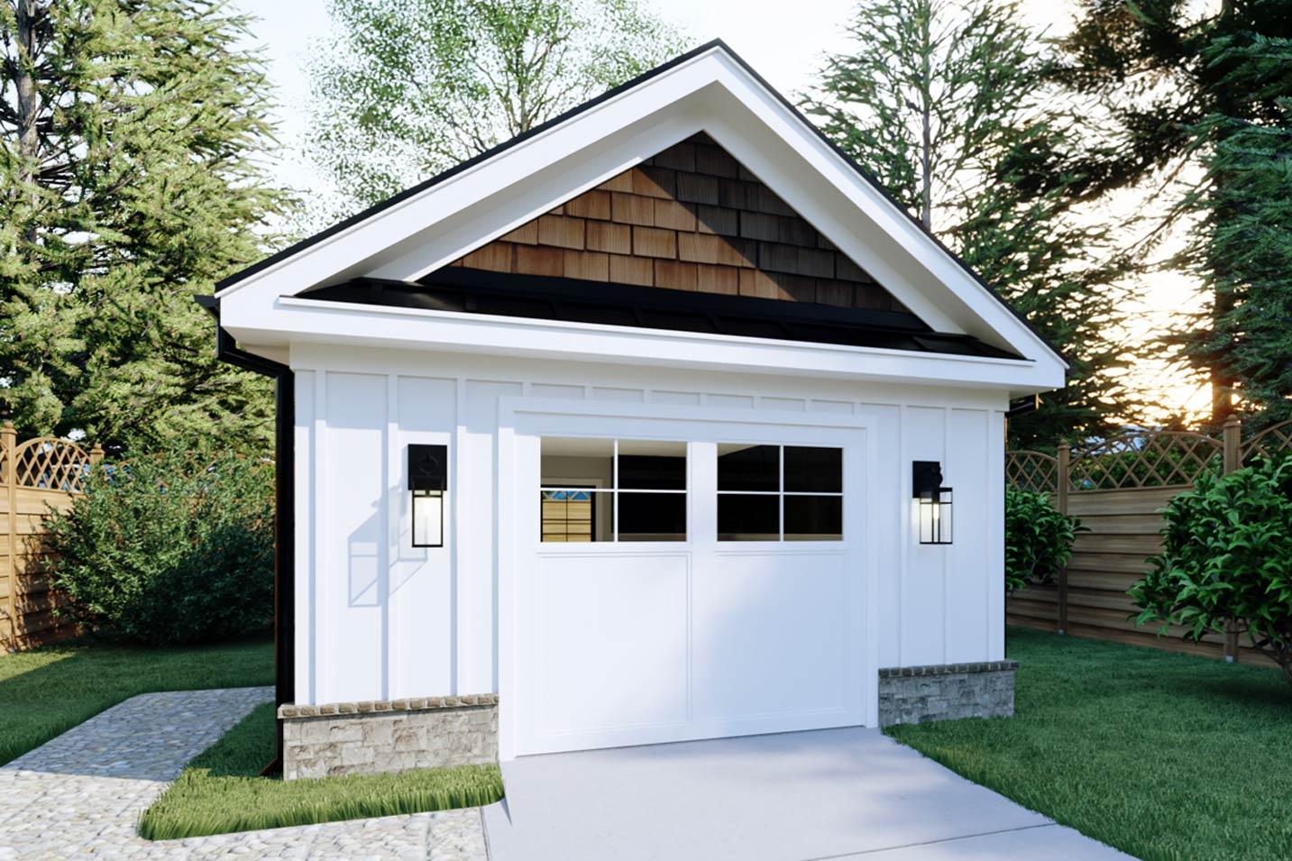 House plan exterior showing a white board and batten garage with wood shingle gable and black carriage lights.