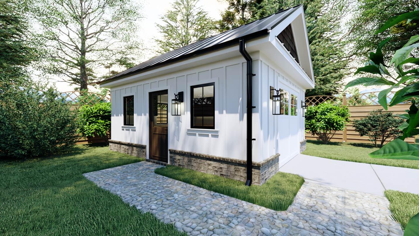 Modern Farmhouse house plan exterior, white board and batten siding, gable roof, stone wainscoting, and lanterns.