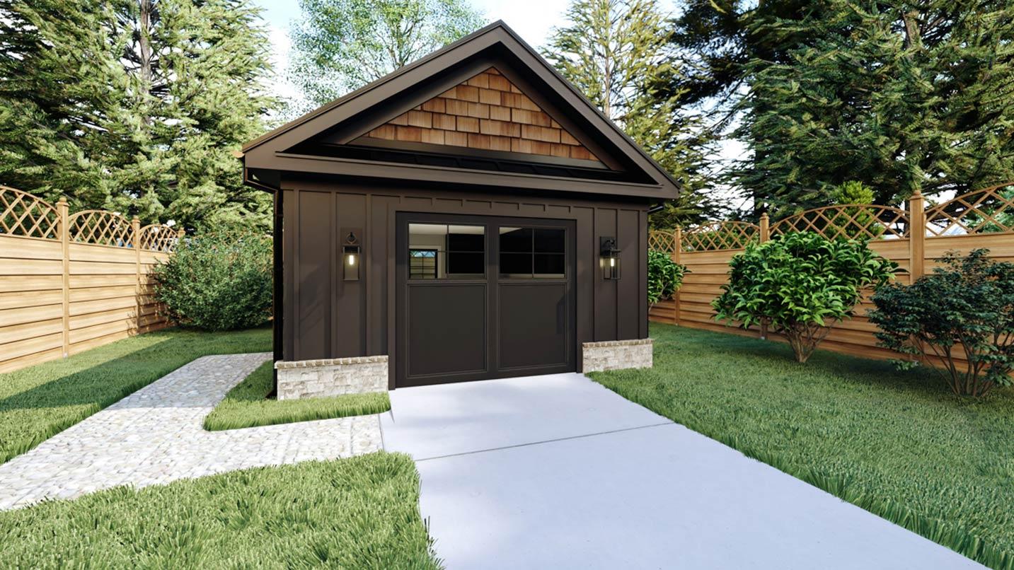Modern farmhouse garage exterior with vertical siding, wood shake gable, stone foundation, and double garage door.