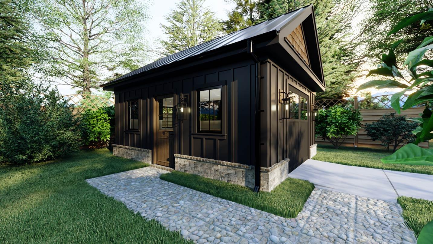 Modern Farmhouse style house plan exterior with board and batten siding, gables, and metal roof.