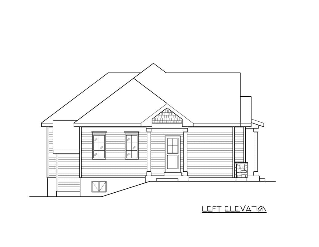 Left elevation house plan showing a one-story home with a covered porch, gabled entrance, and double-hung windows.