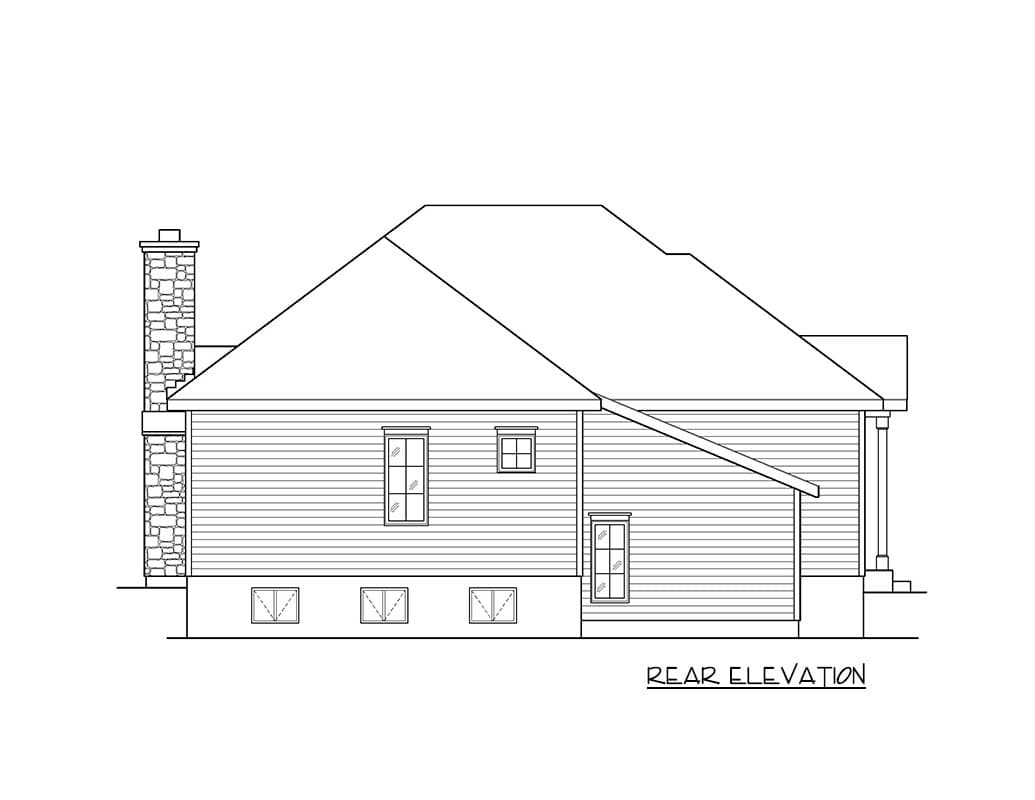 Rear elevation drawing of a house plan with horizontal siding, a stone chimney, and multiple windows.
