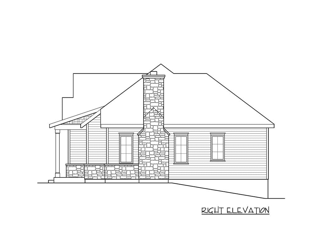 Right elevation house plan showing a stone chimney, covered porch with columns, and gable roof.